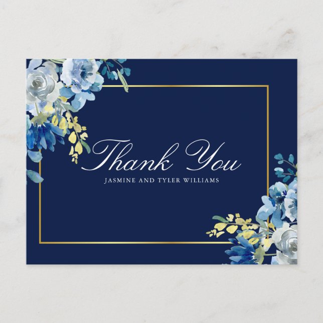 Carte Postale Marine Blue Gold Floral Élégant Merci Script (Devant)