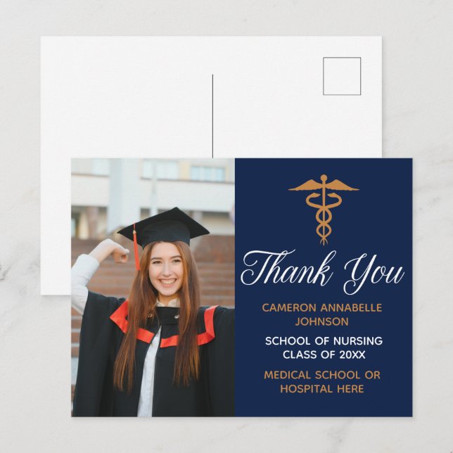 Carte Postale Marine Blue Gold Graduation Photo Merci Médicale (Devant / Derrière)