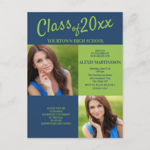 Carte Postale Marine Blue Lime Green Graduation Party Photo Invi