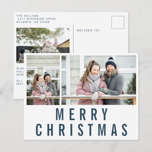 Carte Postale Marine Blue Typographie Joyeux Noël Photo Collage (Devant / Derrière)