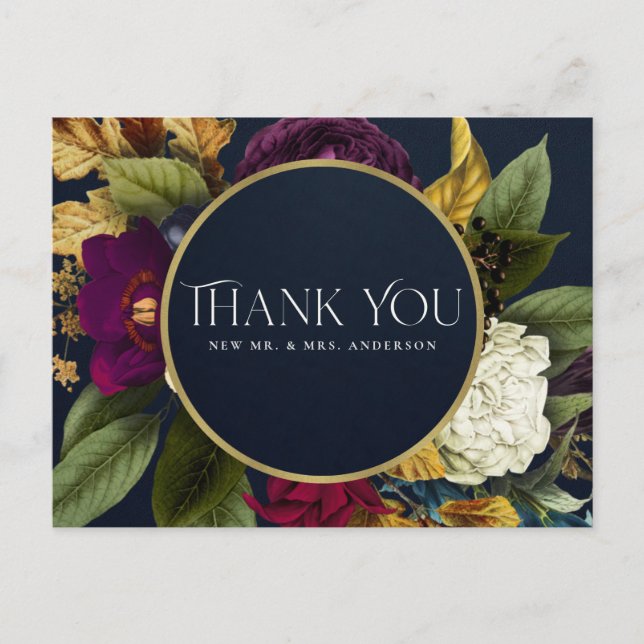 CARTE POSTALE MARINE OR RETRO BURGUNDY FLORAL MARIAGE MERCI (Devant)