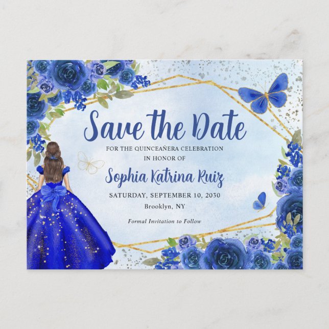 Carte Postale Marine Robe bleue Floral Quinceañera Enregistrer l (Devant)
