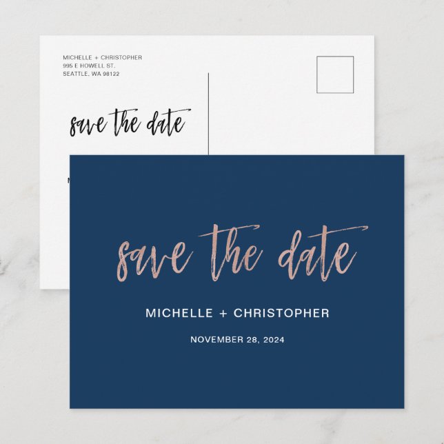 Carte Postale Marine & Rose Gold Glam Chic Enregistrer La Date C (Devant / Derrière)
