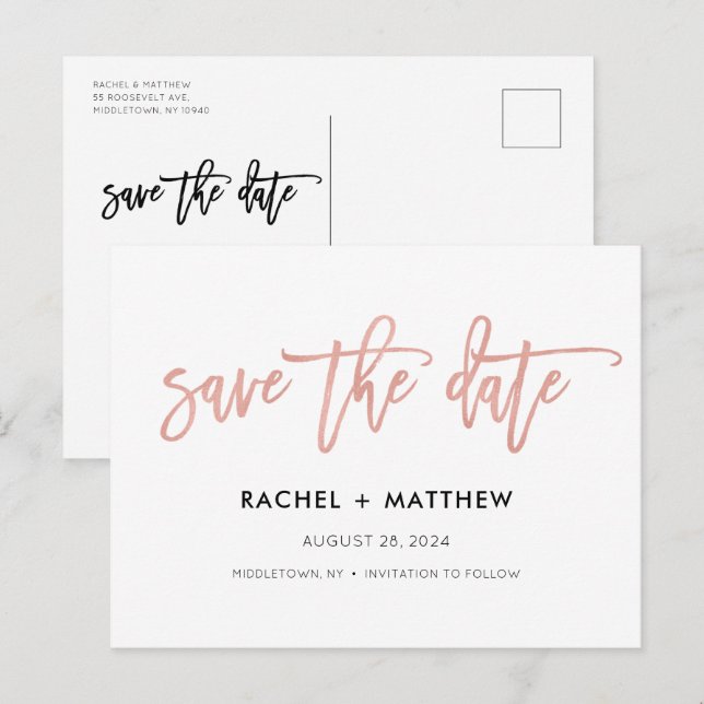 Carte Postale Marine & Rose Gold Glam Chic Enregistrer La Date C (Devant / Derrière)