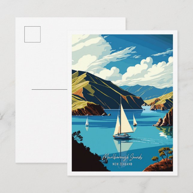 Carte Postale Marlborough Sounds Art illustration de voyage vint (Devant / Derrière)