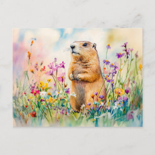 Carte Postale Marmotte sur un tableau d'aquarelle de prairie fle