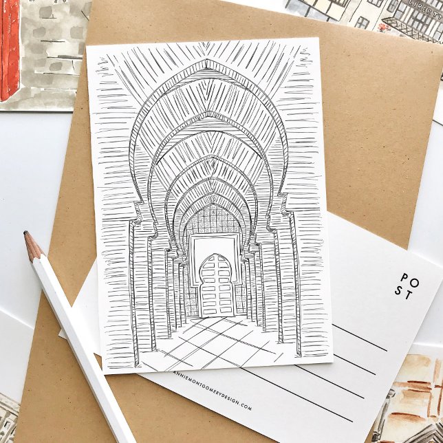 Carte postale Maroc noir et blanc (Black and white sketch Morocco travel postcard.)