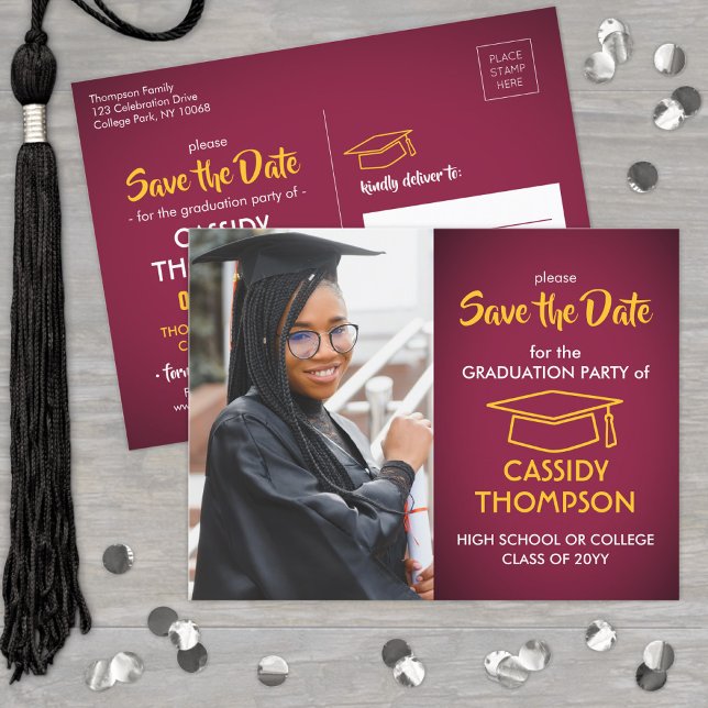 Carte Postale Maron et Gold Graduation Photo Enregistrer la date (Créateur téléchargé)