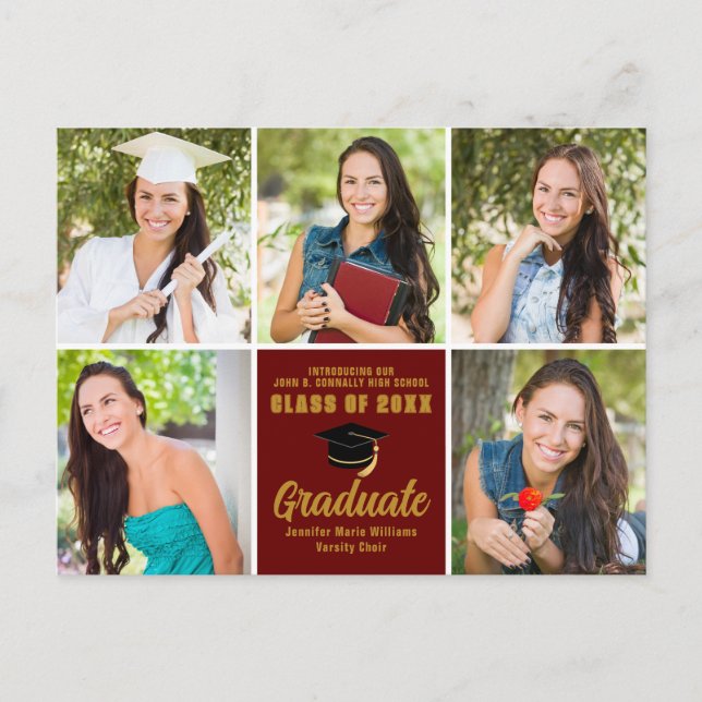 Carte Postale Maroon Gold Graduate Photo Collage Chic Graduate (Devant)