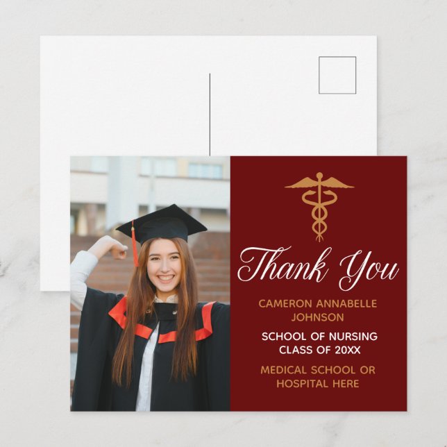 Carte Postale Maroon Gold Graduation Photo Merci Médicale (Devant / Derrière)