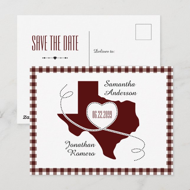 Carte Postale Maroon Texas Curling Ribbon Enregistrer la date (Devant / Derrière)