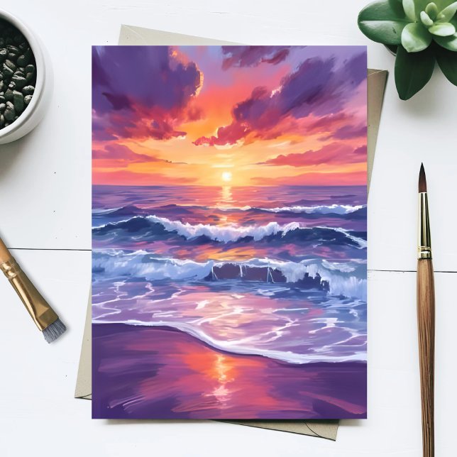 Carte Postale Marque violette | Violet Sunset Ocean Waves Peint (Créateur téléchargé)