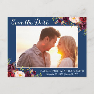 Carte Postale Marsala Navy Floral Photo Enregistrer La Date Cart