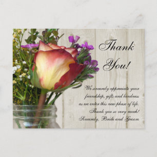 Carte Postale Mason Jar Rose Wildflowers Wedding/ Thank You Note