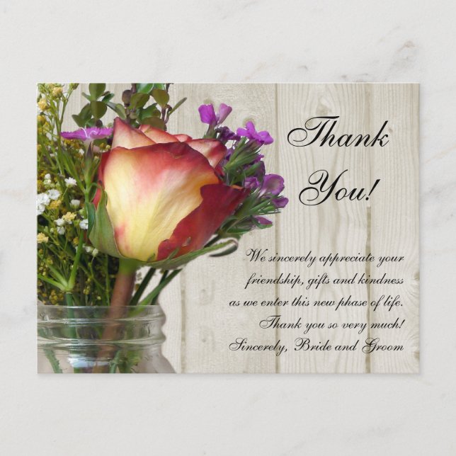 Carte Postale Mason Jar Rose Wildflowers Wedding/ Thank You Note (Devant)