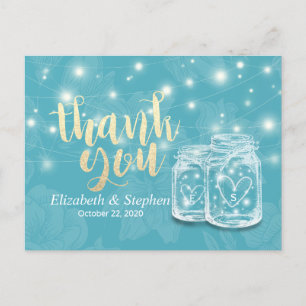 Carte Postale Mason Jars Chaîne Lumières Fleurs Mariage Merci