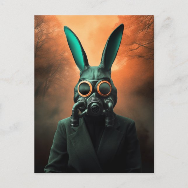 Carte Postale Masque à gaz déplaisant Rabbit dans les vêtements  (Devant)