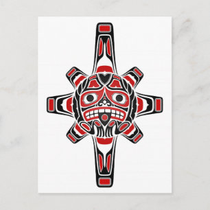 Carte Postale Masque de soleil de Haida rouge et noir en blanc