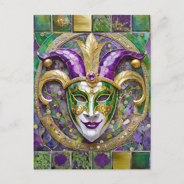 Carte Postale Masque Mardi Gras Jester Vert Or (Devant)