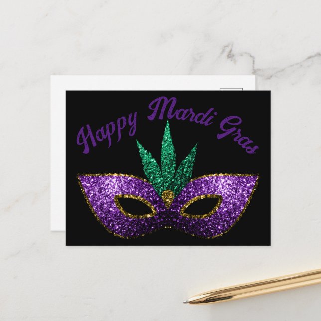 Carte Postale Masque vert pourpre Étincelles Joyeux Mardi Gras (Devant/Arrière en situation)