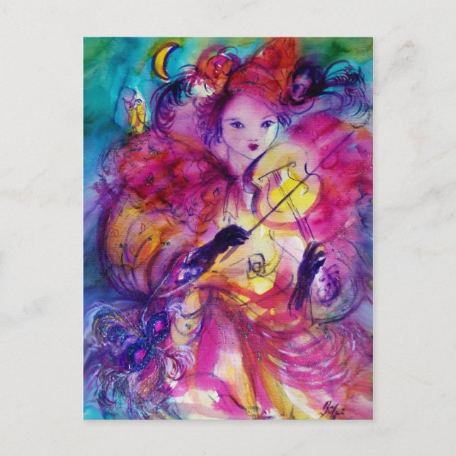 Carte Postale MASQUERADE NUIT Carnaval Musicien en costume rose (Devant)