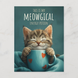 Carte Postale Matin Féerique, un Chat Mignon et Art du Café