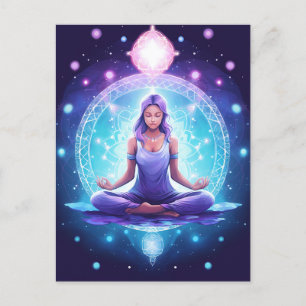 Carte Postale Méditant Yoga Girl, Cristaux Améthyste Lotus