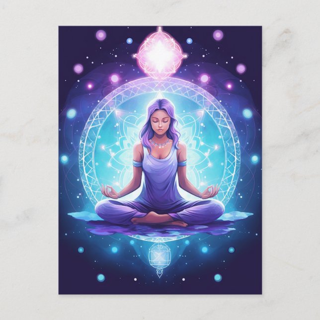 Carte Postale Méditant Yoga Girl, Cristaux Améthyste Lotus (Devant)