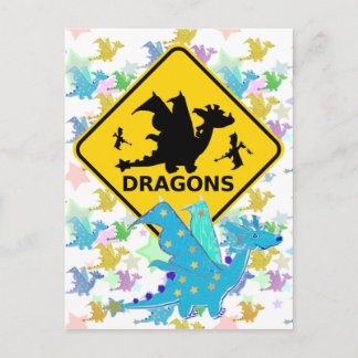 Carte Postale Méfiez-vous des Dragons Blue Cartoon Dragon Postca