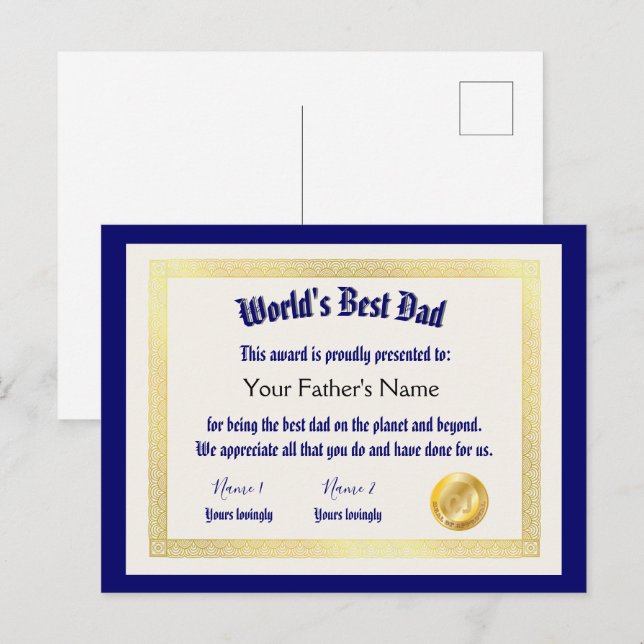 Carte Postale Meilleur Papa du Monde Drôle Moderne Certificat (Devant / Derrière)