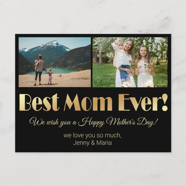 Carte Postale "meilleure maman jamais" or noir 2 photos collage (Devant)