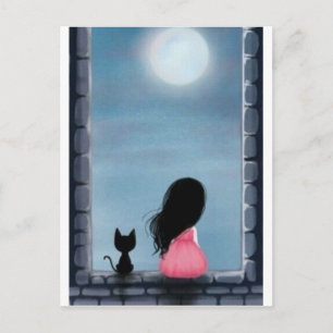 Carte Postale Menina e gato na janela - fille et chat au vent