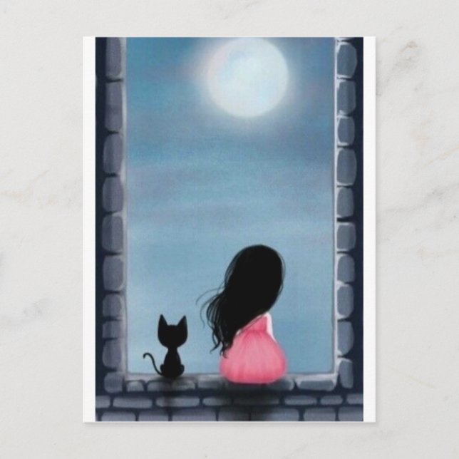 Carte Postale Menina e gato na janela - fille et chat au vent (Devant)