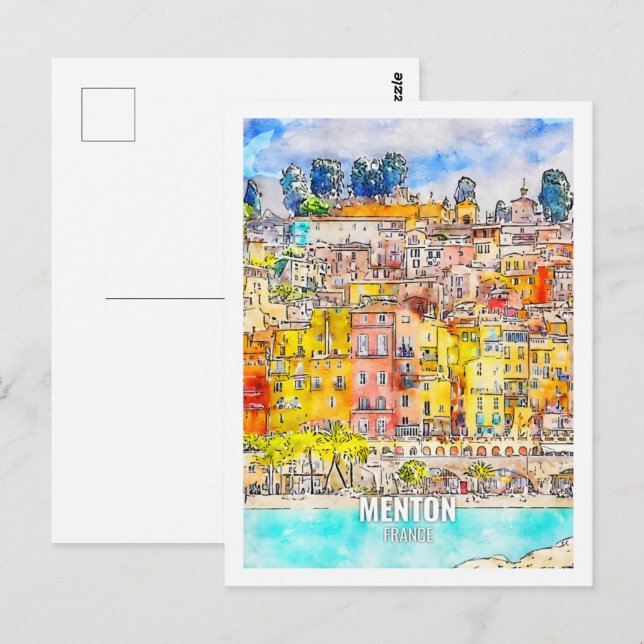 Carte Postale Menton France Fameux Travel Place Aquarelle (Devant / Derrière)
