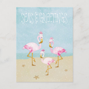 Carte Postale Mer et salutations Aquarelle Flamants roses roses