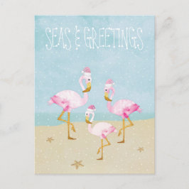 Carte Postale Mer et salutations Aquarelle Flamants roses roses