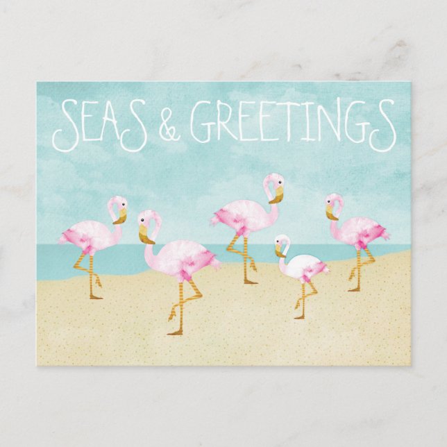 Carte Postale Mer et salutations Aquarelle Flamants roses roses (Devant)