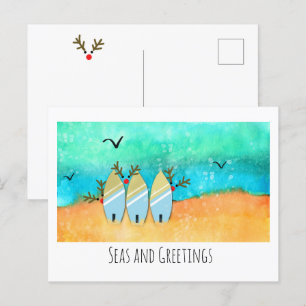 Carte Postale Mer et salutations Plage Noël avec Rudolph
