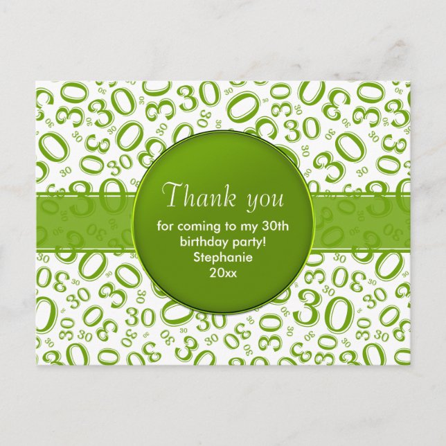 Carte Postale Merci 30ème Vert/Blanc Numéro d'Anniversaire Motif (Devant)