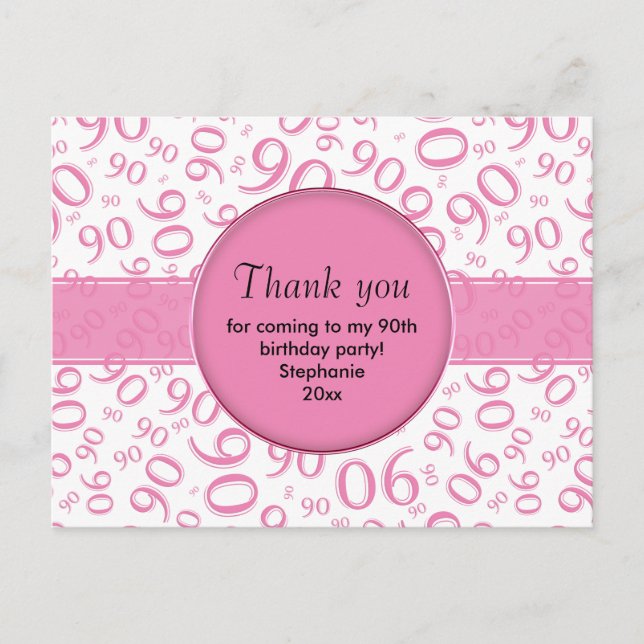 Carte Postale Merci : 90e Motif du numéro d'anniversaire rose/bl (Devant)