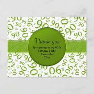Carte Postale Merci 90ème motif de numéro d'anniversaire vert/bl