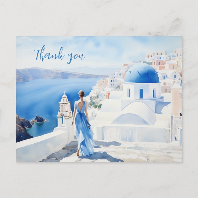 Carte Postale Merci Aquarelle, Couleur bleue, Santorin, (Devant)