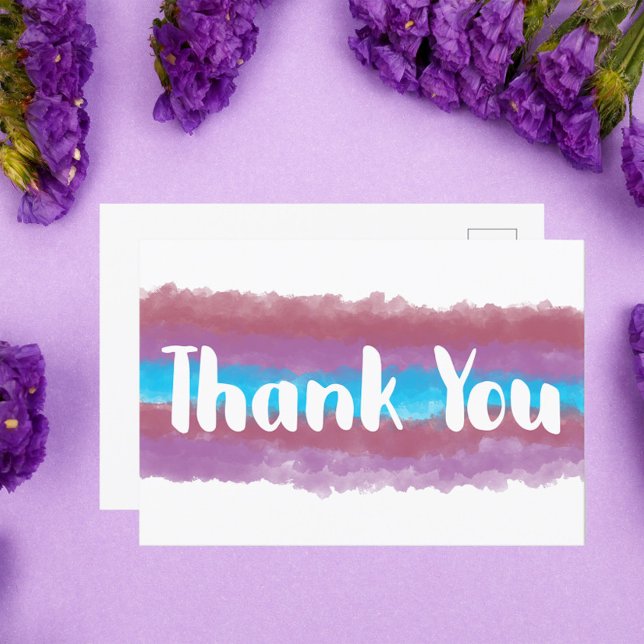 Carte Postale Merci Aquarelle Rose Violet Bleu (A pretty thank you postcard that has a pink, purple and blue watercolor background)