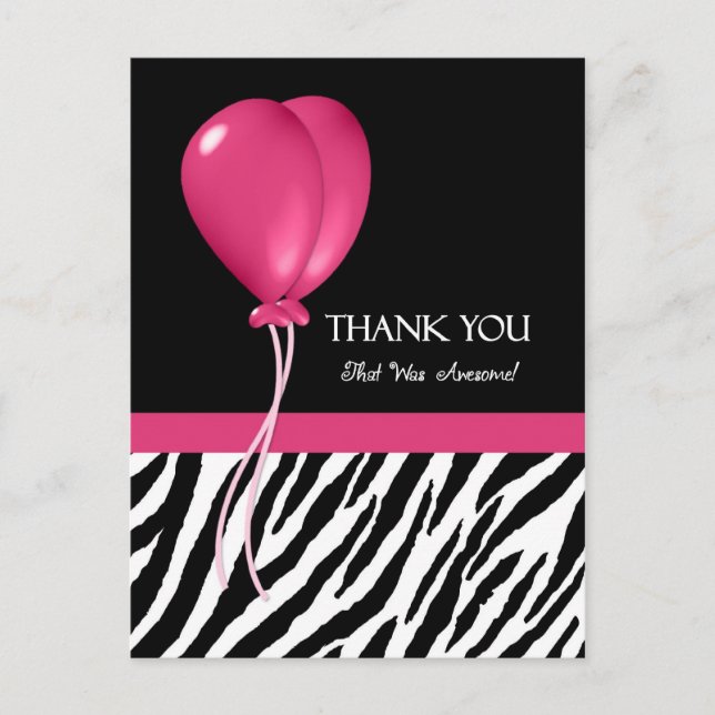 Carte Postale Merci avec Zebra Print et rose Party Ballots (Devant)