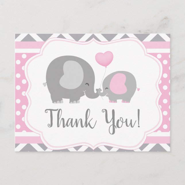 Carte postale Merci Baby shower Eléphant fille (Devant)