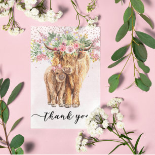 Carte Postale Merci Baby Shower Vache des Highlands Rose