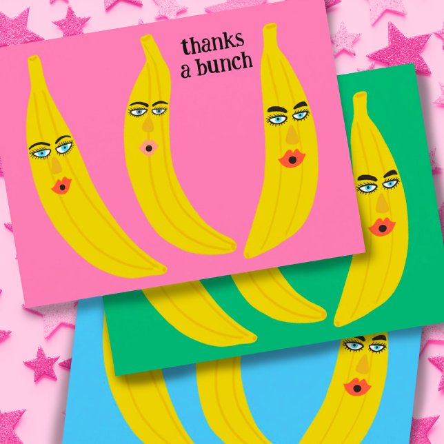 Carte Postale MERCI BEAUCOUP Funny Bananas Merci Mignon (Thanks a bunch of bananas! Choose your favorite color or add your own background shade!)
