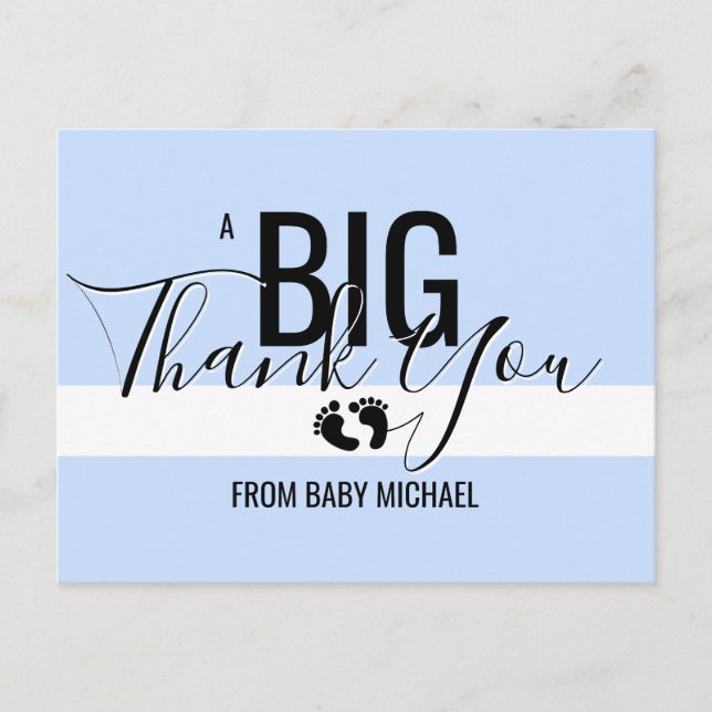 Carte Postale MERCI Bleu Blanc Pieds JEUNE Baby shower (Devant)