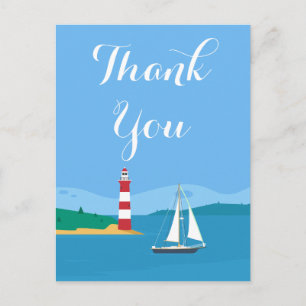 Carte Postale Merci bleu marine Phare & Voilier