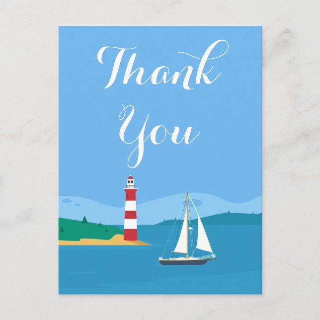 Carte Postale Merci bleu marine Phare & Voilier (Devant)